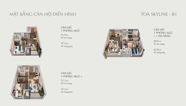 Mặt bằng căn 1 phòng ngủ & 1 phòng ngủ+