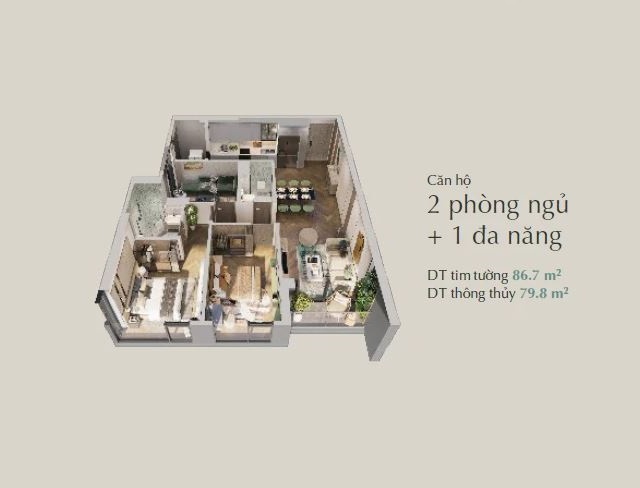 Mặt bằng căn 2 phòng ngủ và 2 phòng ngủ+